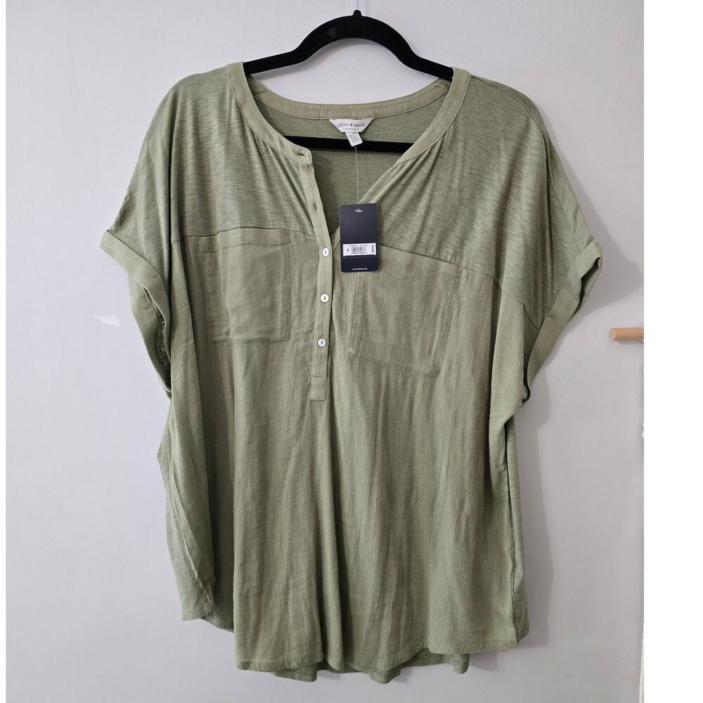 NWT Lucky Brand Olive Green Short Sleeve 1/2 Button Crew Neck Henley Tee Size XL